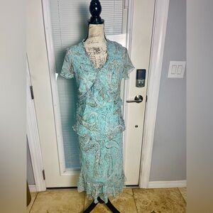 Bob Mackie Y2K Paisley Chiffon Ruffled Blouse A-Line Midi Skirt 2 Pc Set Sz 10